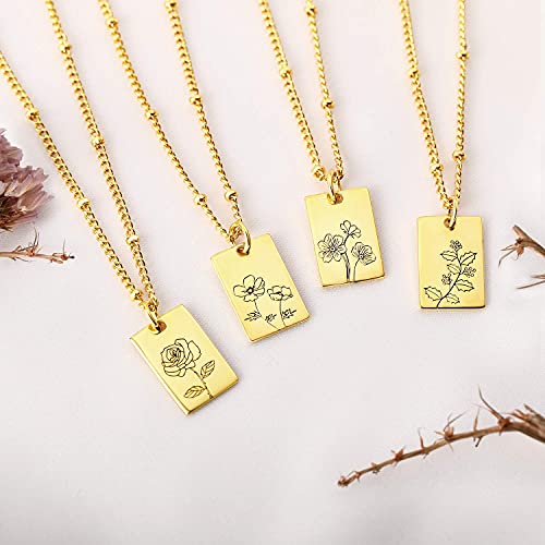 Kissyan Birth Flower Necklace, 18K Gold Plated Dainty Birth Month Floral Pendant Necklace Simple Birth Flower Necklaces Minimalist Delicate Birthday Jewelry Gift For Her Women(Square Sep) #TOP4