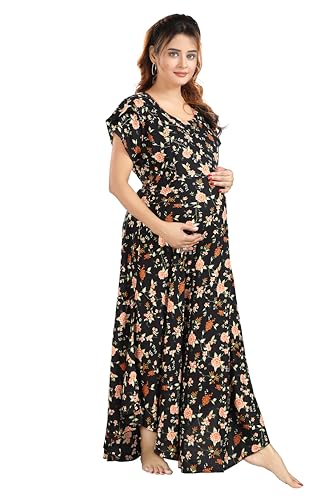 Image of CLOUD SOFT Women's Rayon Cotton Floral Printed Maternity Feeding Gown | Full-Length Nursing Nighty with Zipper | Pre & Post Pregnancy Dress (CS11004-5 MT All)