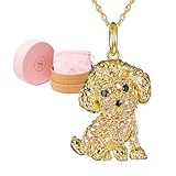SCAMPER & CO Poodle Cubic Zirconia Puppy Charm Pendant Necklaces for Women - Genuine Gemstone with Elegant Backplate, 18K Yellow Plated Sterling Silver Necklace for Women Easy Closure 18 inch