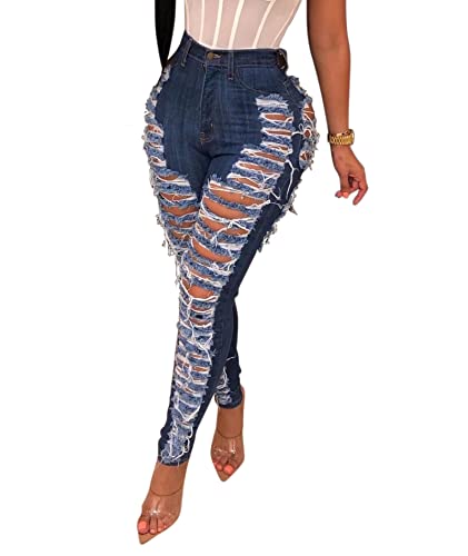 Sexyshine Women's High Waisted Skinny Ripped Jeans Stretch Destroyed Hole Denim Pants Hollow Out Long Pencil Jeans