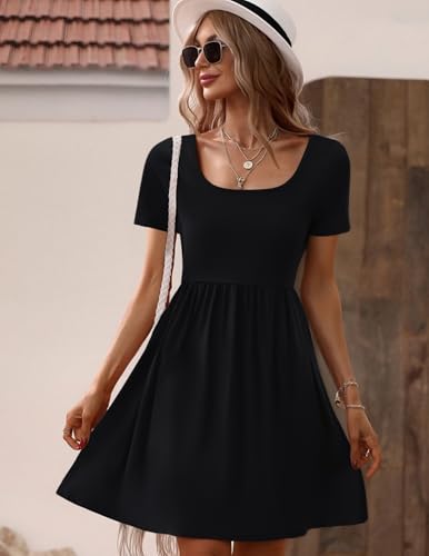Image of Zeagoo Womens Casual Dress Floral Patchwork Summer Dress Square Neck Short Sleeve A Line Flowy Swing Mini Dress with Pockets