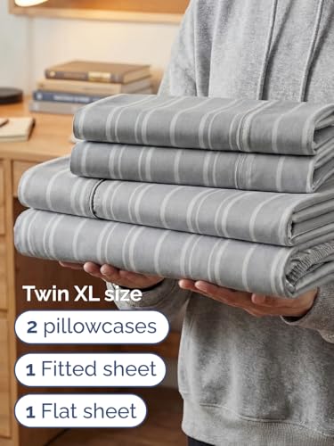 Image of Extra Deep Twin XL Sheet Set - 4 Piece Breathable & Cooling - Grey Stripes | Hotel Luxury Bed Sheets Set, Easy & Secure Fit, Ultra-Soft, Wrinkle & Fade Free, Comfy Sheets Set with Extra Deep Pockets