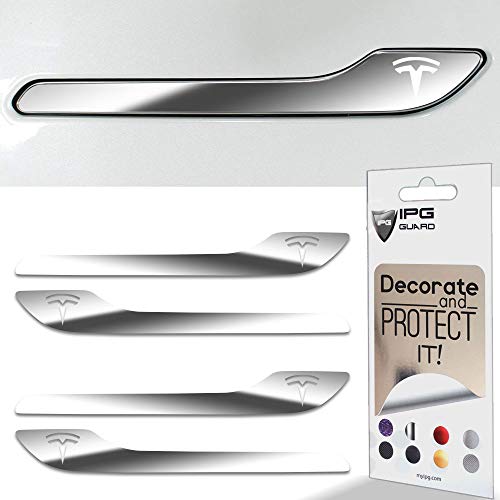 Image of IPG Compatible for Model 3 / Model Y /Juniper Door Handle Decal Sticker Wrap Kit (Set of 4) with Tesla Logo Personalize Your Tesla (Silver Chrome)