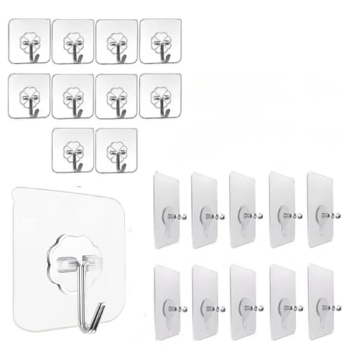 Image of Maxxic Labaratories (10+10) Self Adhesive Wall Hooks Heavy Duty for Hanging | Nail Free Sticky Hooks for Wall Heavy Items Without Drilling, Transparent Wall Hanger Hook (Screw 10 + Flower 10, 20)