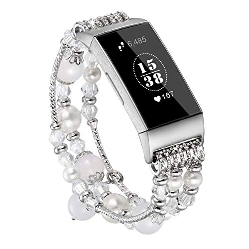 fastgo Compatible for Fitbit Charge 4 Charge 3 bands, Handmade Elastic Beaded Dressy Bracelet Feminine Wrist Band Compatible for Fitbit Charge 3 Fitness Smartwatch for Women or Girls(White)