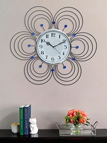 Image of CHRONIKLE Floral Design Analog Decorative Round Diamond Studded Crystal Metal Wall Clock for Living Room Home Decor Office Gifts (Size: 55 x 5 x 59 CM | Color: Blue | Weight: 1140 Gram)