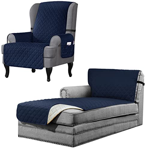 Subrtex Reversible Chaise Slipcover Bundle Wingback Chair Slipcover(Chaise+Wingchair,Navy) #TOP5