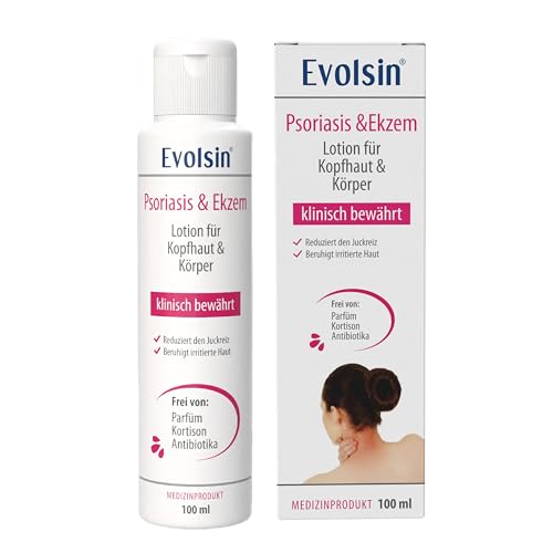 Evolsin® Ekzem & Psoriasis Lotion für Kopfhaut und Körper - ideale Kombination mit Schuppenflechte Shampoo - bei gereizter, trockener & irritierter Haut - Mindert Juckreiz - Schuppenflechte Kopfhaut