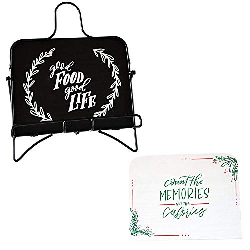 Solid Wood Black and White 2 Designed Boards and Rust Proof Metal Frame Elim Lily Cookbook Stand and Tablet Holder Cellphone Stand Good Food Good Life and Count The Memories Not The Calories