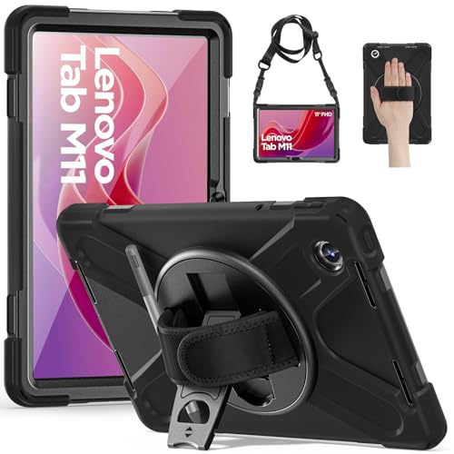 Gerutek Funda Anticaída para Lenovo Tab M11/K11/Xiaoxin Pad 2024 11', (TB-330FU/331FC/330XU), Carcasa Rugosa con Soporte Giratorio, Correa de Mano/Hombro, Portalápiz, Funda para Lenovo Tab M11, Negro