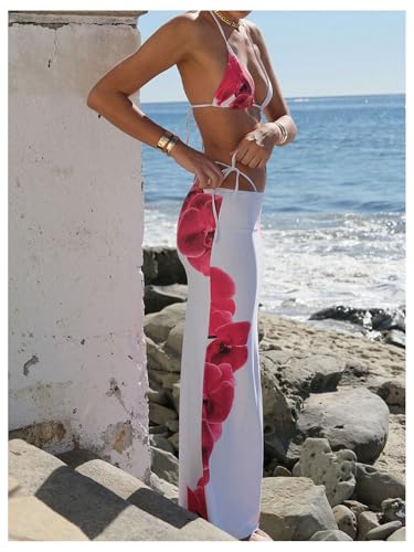 Women's 3 Piece Floral Swimsuit Halter Triangle String Bikini with Bodycon Beach Skirts Cover Up2
