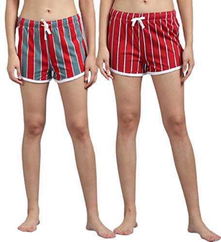 Image of KOTTY Pure Cotton Red and Red Striped Women Night Short - Pack of 2