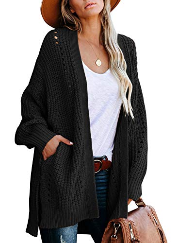 GRAPENT Women's Black Open Front Knit Oversize Casual Sweater Cardigan Loose Side Slit Outwear Coat with Pockets Medium