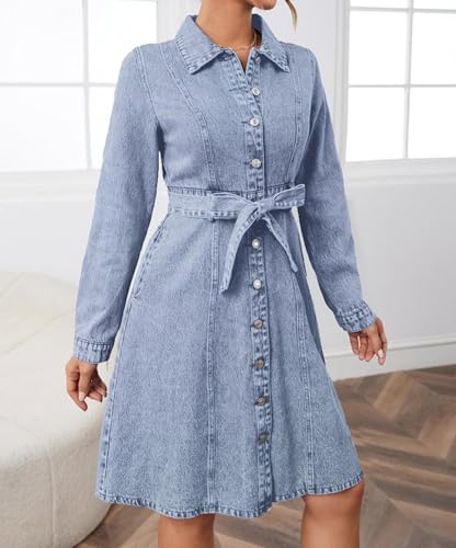 Image of Denim Dress for Women Button Down Casual Long Sleeve A-Line Belted Midi Jean Dresses with Pockets