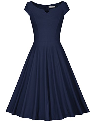 MUXXN Women's High Waist 1950s Retro Vintage Style Swing Dress (Blue XXL)