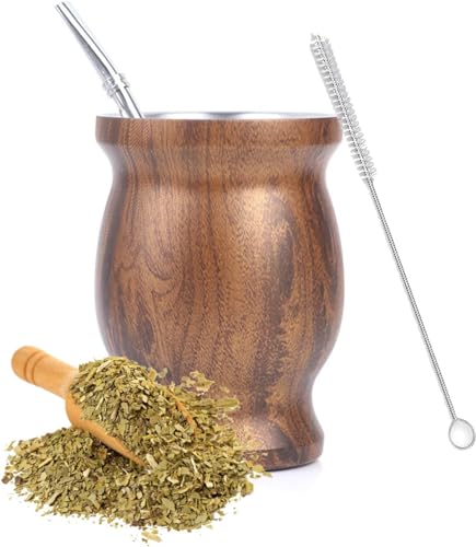 Ruikcoll Taza De Mate, Juego De Tazas De Té Mate,Vaso Yerba Mate De Acero Inoxidable Con Pajita De Acero Inoxidable Y Cepillo De Limpieza, Para Café,Mate, Té De Frutas Veta De Madera