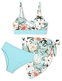 ADIFUN Girls Swimsuit, Teen Swimsuits for Girl 12-14 Light Cyan Flower V-Neck Bikini with Cover Up Skirt 3 Piece Tween Girls Swimwear Set