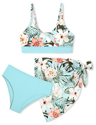 Girls Swimsuit V Neck Adjustable Straps Stylish Bikini with Cover Up 3 Piece Set Bathing Suits for Teen Girl