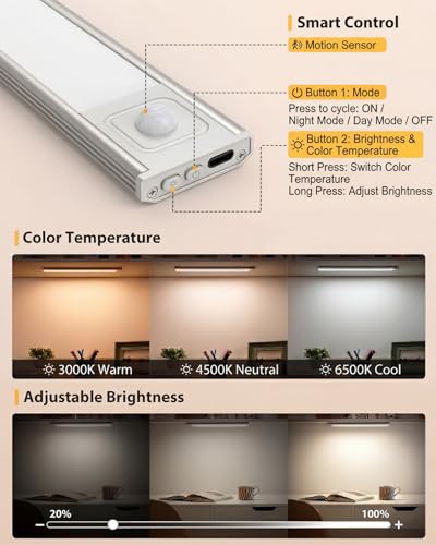 Image of Abovizo 2 Pack Under Cabinet Lighting, 3 Color Temps, Battery Operated Motion Sensor Light Indoor, Dimmable Under Counter Lights for Kitchen Stairs Closet Pantry