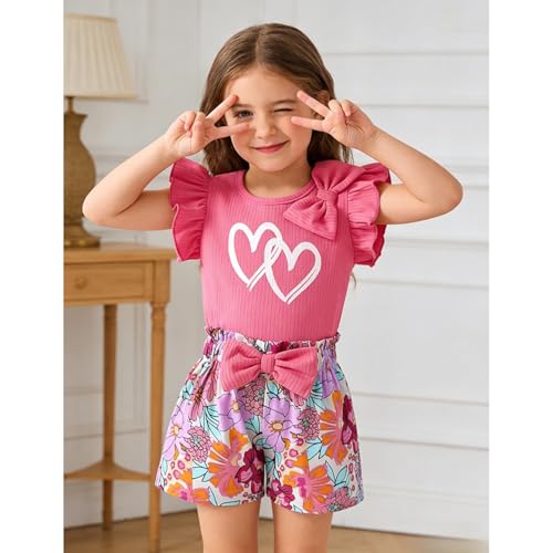 Image of 3-8 T Toddler Girls Clothing Set Ruffle Sleeve Bow Tie Top + Floral Shorts Set