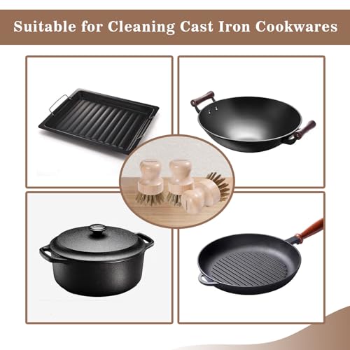 Image of Cast Iron Scrubber Cleaner with Brass Bristle, 3 Pack Natural Bamboo Handle Copper Scrubber Cleaner for Cast Iron Woks Skillets Pans Pots Table Top BBQ Grills