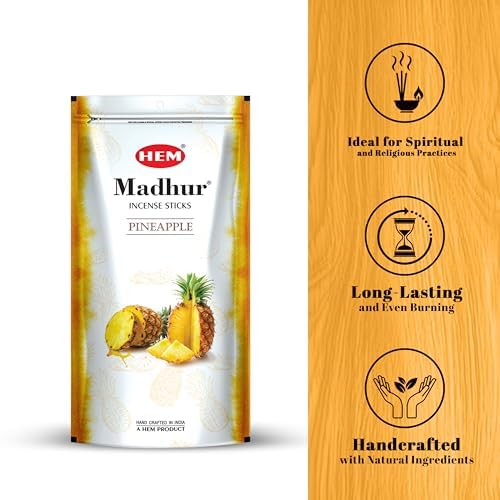 Image of HEM Madhur Pineapple Incense Sticks - Pack of 3 | Refreshing Tropical Aroma for Meditation & Home Fragrance | Long-Lasting Natural Fragrance | Convenient Zip Pouch | Approx 240 Stick | Burns 35-40 Min