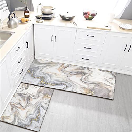 Gold White Gray Kitchen Rugs And Mats Set Of 2, Anti-Slip Washable Kitchen Mats, Marble Kitchen Runner Mat For Kitchen, Dining Room, Flooring, Home, Office, Sink, Laundry Room, 17X30+17X47 Inch #TOP4