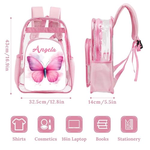 Custom Name Watercolor Butterfly Clear Backpack, Personalized PVC See Through Transparent Bookbag for Girls, Waterproof Daypack for School, Concert, Travel3