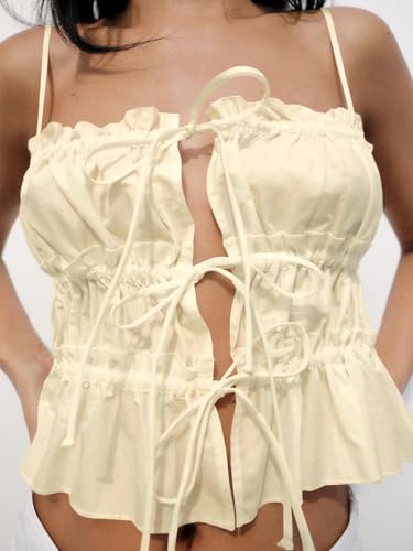 Image of Tankaneo Womens Summer Tie Front Crop Tops Cute Ruffle Ruched Spaghetti Strap Tank Tops Y2K Going Out Shirts