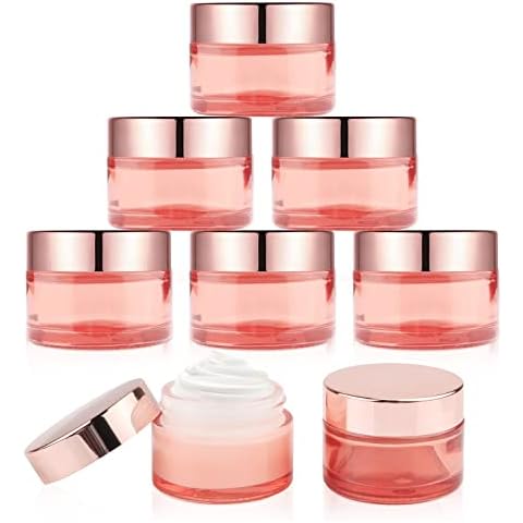 DMuuuDM 1 oz 8 Pack Pink Glass Jars,Empty 30ml Cream Jars with Rose gold Lids&Inner liner,Sample Cosmetic Container Vials Pot for Face Cream Eyeshadow Lotion Powder Foundation Cover