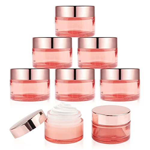 DMuuuDM 1 oz 8 Pack Pink Glass Jars Empty 30ml Cream Jars with Rose gold Lids&Inner liner Sample Cosmetic Container Vials Pot for Face Cream Eyeshadow Lotion Powder Foundation