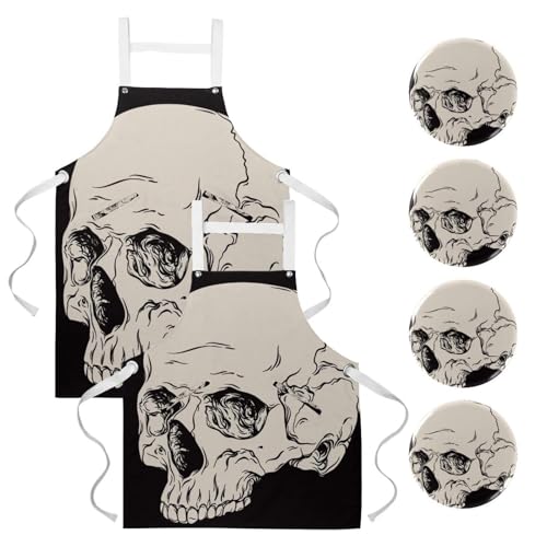 Tablier de cuisine lot de 2 avec motifs crânes multicolores pour bar et service
