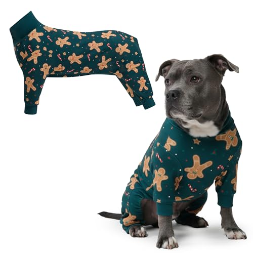 Spark Paws Dog Christmas Pajama, Ultra-Soft and 4-Way Stretch, Recovery-Suit PJ Onesie for Small, Medium and Large Breeds - Gingerbread Man - 3XL