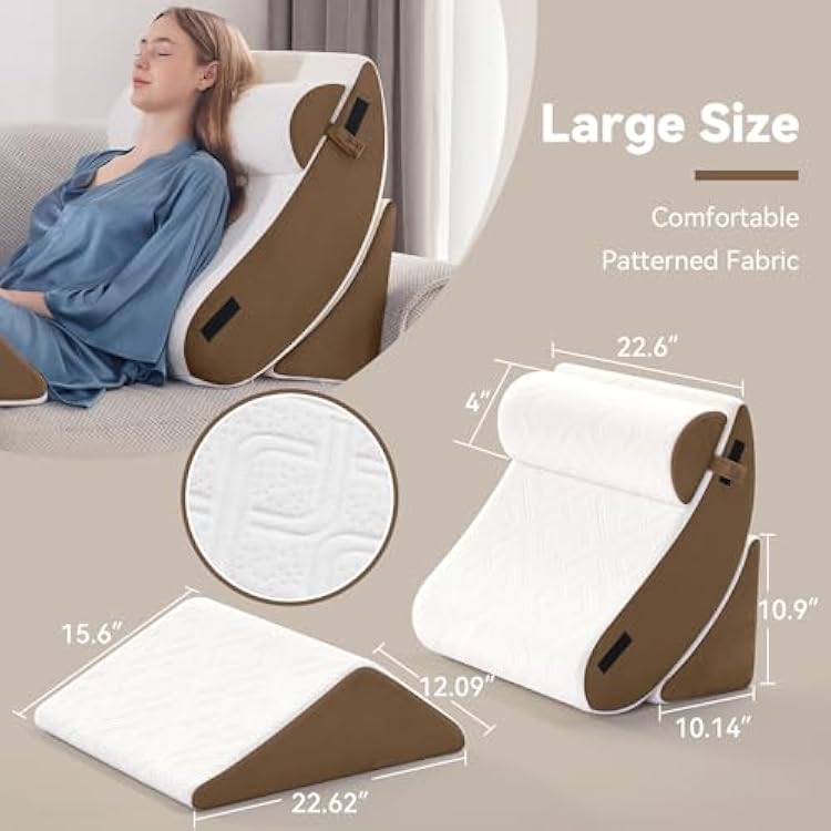 Negwoo Wedge Pillow Set for After Surgery, 4 PCS Bed Wedge Pillow for Sleeping, Memory Foam Orthopedic Back Pillow for Pain Relief and Acid Reflux, Adjustable Post Surgery Pillow Brown