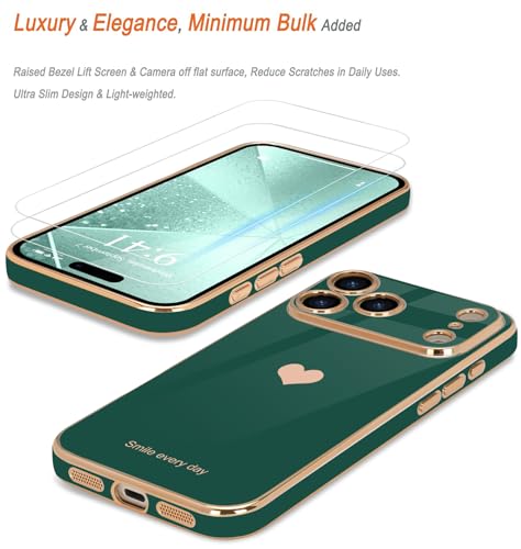 Teageo for iPhone 17 Pro Case with Screen Protector [2 Pack] Girl Women Cute Love-Heart Luxury Gold Soft Cover Camera Protection Silicone Shockproof Phone Case for iPhone 17 Pro, Darkish Green by Teageo - Image 3