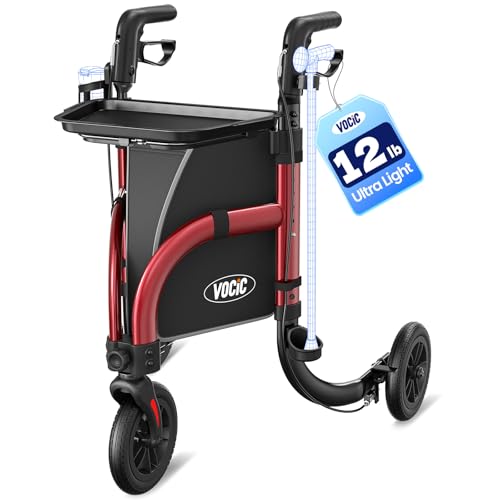 VOCIC 3 Wheel Walkers for Seniors Z25 Pro Foldable Rollator with 8 Airless Tires & Non-Slip Tray Cane Holder & Cup Holder Lightweight Three Wheel Rolling Walker Height Adjustable Supports 300 lbs