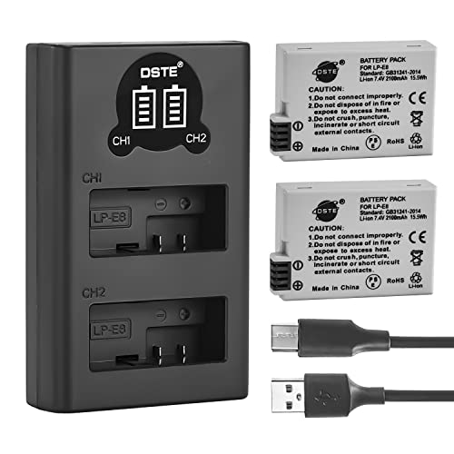 DSTE LP E8 Batería Recargable (Paquete de 2) y Cargador USB Dual LED Inteligente compatibles con Canon EOS 550D 600D 650D 700D Kiss X4 X5 X6i X7i Rebel T2i T3i T4i T5i