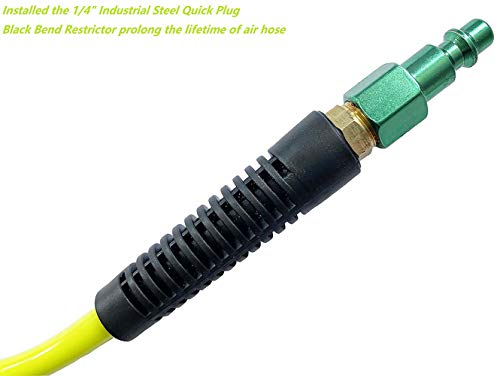 Sanfu (Pu) Polyurethane Recoil Air Hose 1/4”Id X 50Ft With Bend Restrictor,1/4” Industrial Steel Quick Coupler And Plug, Yellow(50’) #TOP2
