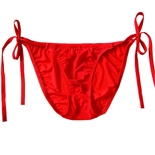 Wenmei String Bikini Thong Briefs Milk Silk Side Tie Men's Underwear (Red) #TOP15