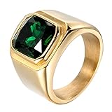 SINLEO Men's Stainless Steel Square Gemstone Ring Statement Wedding Band Gold Green Size 12