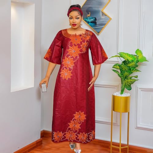 Image of HD African Bazin Riche Maxi Dress for Woman Traditional Embroidery Dashiki Dresses with Head Wraps
