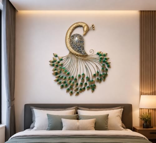 Image of Metal Handcrafted Peacock Wall Decor with LED Light, Home Decor, Wall Decor, Diwali Gift, Corporate Gift, Home Temple,Size : 32 * 26.5 * 3 inch