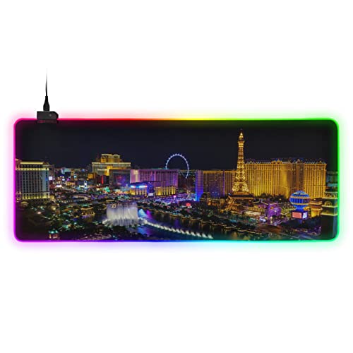 Large RGB Gaming Mouse Pad Aerial View Las Vegas Strip Nevada Glowing Extended Mousepad 35.4x15.7in, Soft Anti-Slip Rubber Base Luminous Mouse Mat for Pc Laptop, Gaming, Office, Home