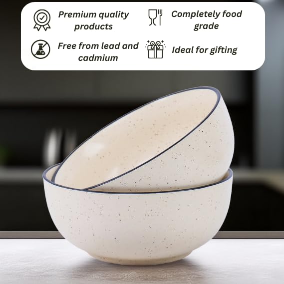 Image of Niyara Ceramic Printed Bowl Set of 2 | Premium Serving Bowls for Snacks, Soup & Desserts | Microwave & Dishwasher Safe (White with Black Border)
