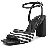 NEWBELLA Women's Striped Square Toe Heeled Sandals - Summer Comfortable Block Heels with Adjustable Ankle Strap for Beach & Vacation, Black 10