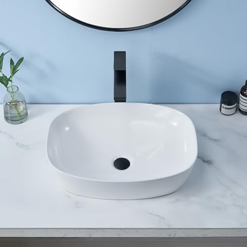 Oval Vessel Sink White,VALISY 20\"x15\" Inch Bathroom Vessel Sink Above Counter Porcelain Ceramic Bathroom Sink Bowl,Egg Shape Modern Countertop Washing Art Basin for Vanity Lavatory Bath Cabinet