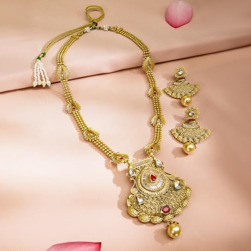 Image of Rubans Gold Plated Bridal Drop Pendant Jewellery Set with Earrings for Women