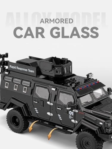 Image of Enterprise 1:24 Armored Police Car Diecast Model - Tooth Tiger Explosion-Proof Pull Back Metal Toy with Lights, Sounds & 4 Opening Doors - Collectible Vehicle for Kids & Display (Black)