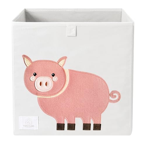 Image of Two Cubs Kids Toys Organizer - 13"x13"x13" White Foldable Toy Storage Bin, Nursery Storage Basket, Cube Organizer for Kallax Shelves, Durable, Collapsible, Farm Animal - Pig