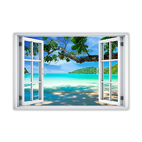 JZSDGB Tableau de Paysage-Impression sur toile Fausse Fenêtre-Decoration Murale Salon Moderne 3D fenêtre Vue Tableau XXL-Image Paysage Plage de l'île tropicale 70x105cm(28x41in) Sans cadre